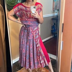 Vintage Retro Red Paisley Pleated Midi Dress